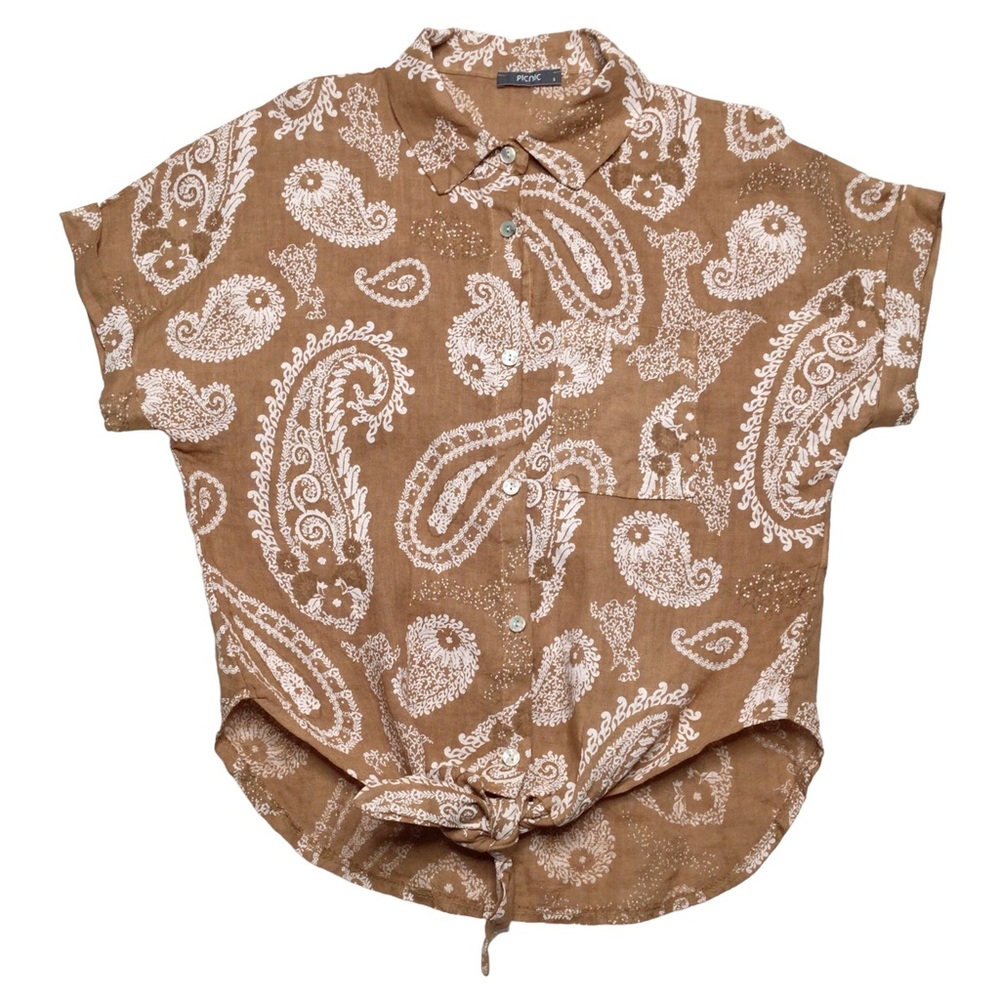 Picnic 100% Linen Paisley Print Tan & White Short Sleeve Top Size S